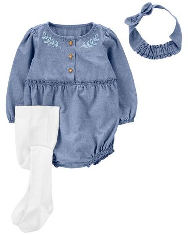  Set Bodysuit Liền Quần Bé Gái Màu Xanh Dương Kèm Băng Đô Và Vớ Carter's 0-24M 