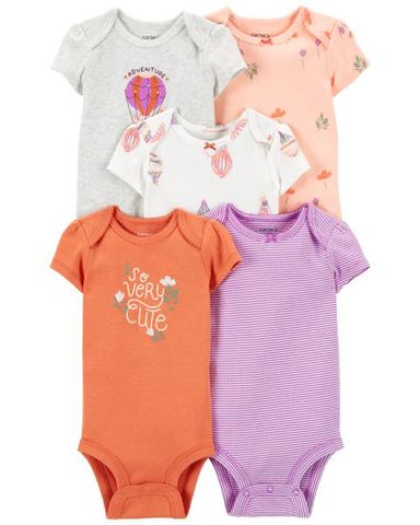  Set 5 Bodysuit Liền Quần Bé Gái Nhiều Màu Hình Hoa Lá Và Khinh Khí Cầu Carter's 0-24M 