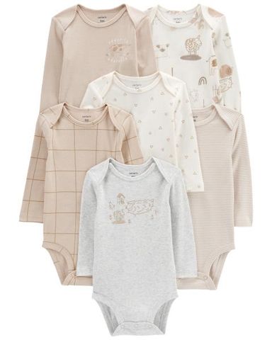  Set 6 Bodysuit Liền Quần Cho Bé Màu Be Nhiều Họa Tiết Carter's 0-24M 