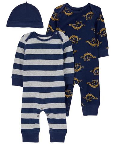  Set 2 Bodysuit Liền Quần Bé Trai Màu Xanh Đậm Hình Khủng Long Và Kẻ Ngang Kèm Nón Carter's 0-24M 