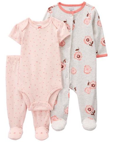  Set 2 Bodysuit Liền Quần Bé Gái Màu Hồng Hình Hoa Kèm Quần Dài Carter's 0-24M 