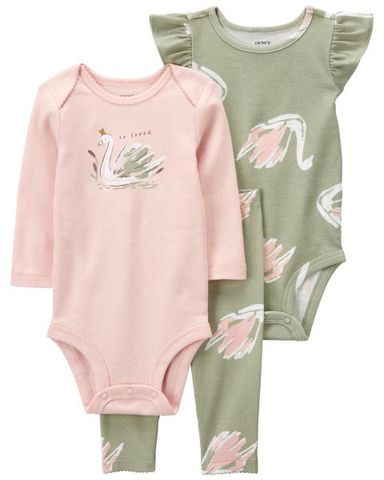  Set 2 Bodysuit Liền Quần Bé Gái Màu Hồng Hình Thiên Nga Kèm Quần Dài Carter's 0-24M 