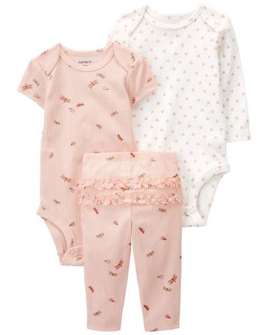  Set 2 Bodysuit Liền Quần Bé Gái Màu Hồng Kèm Quần Dài Nhấn Bèo Carter's 0-24M 