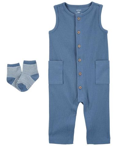  Set Bodysuit Liền Quần Bé Trai Màu Xanh Biển Kèm Vớ Carter's 0-24M 