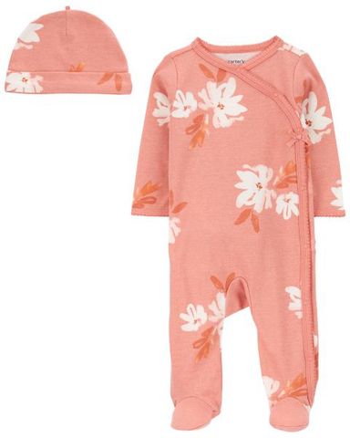  Set Bodysuit Liền Quần Dài Bé Gái Màu Hồng Hình Hoa Kèm Nón Carter's 0-24M 