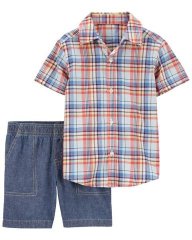  Set Áo Sơ Mi Bé Trai Caro Xanh Kèm Quần Ngắn Màu Xám Carter's 2T-5T 