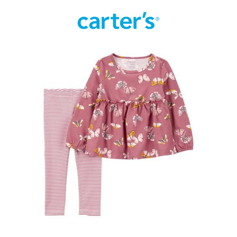  Set Áo Bé Gái Màu Hồng Hình Bướm Kèm Quần Dài Kẻ Ngang Hồng Carter's 2T-5T 