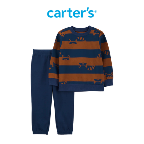  Set Áo Tay Dài Bé Trai Màu Nâu Kẻ Xanh Kèm Quần Dài Màu Xanh Dương Carter's 0-24M 