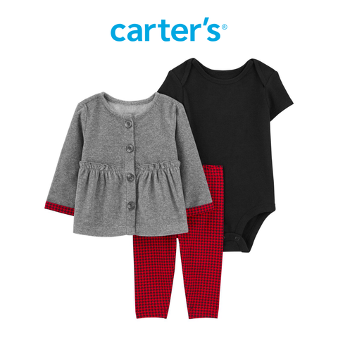  Set 3 Gồm Bodysuit Bé Gái Màu Đen Kèm Quần Dài Ca Rô Đỏ Và Áo Khoác Màu Xám Carter's 0-24M 