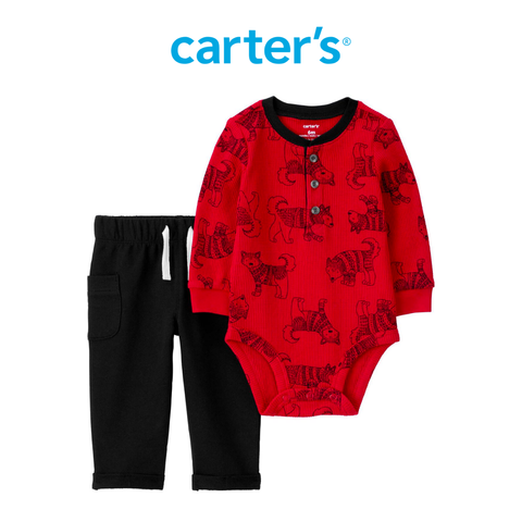  Set Bodysuit Liền Quần Bé Trai Màu Đỏ Kèm Quần Dài Màu Đen Carter's 0-24M 