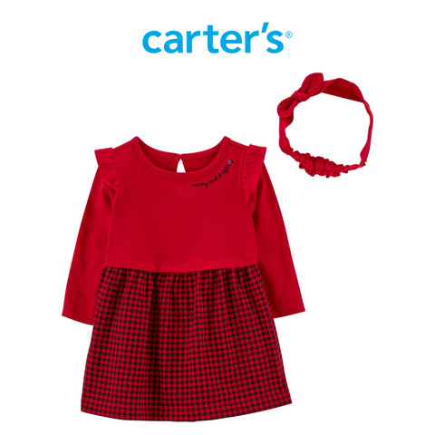  Set Đầm Bé Gái Màu Đỏ Chân Váy Ca Rô Kèm Băng Đô Carter's 0-24M 