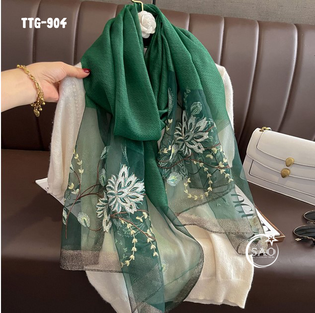 Khăn Choàng Tơ Tằm Gân Thêu Hoa Cao Cấp (TTG904)