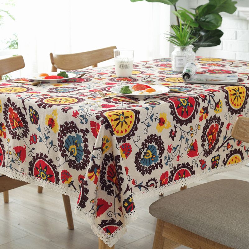 Khăn Trải Bàn Canvas Boho Hoa Hướng Dương Viền Ren