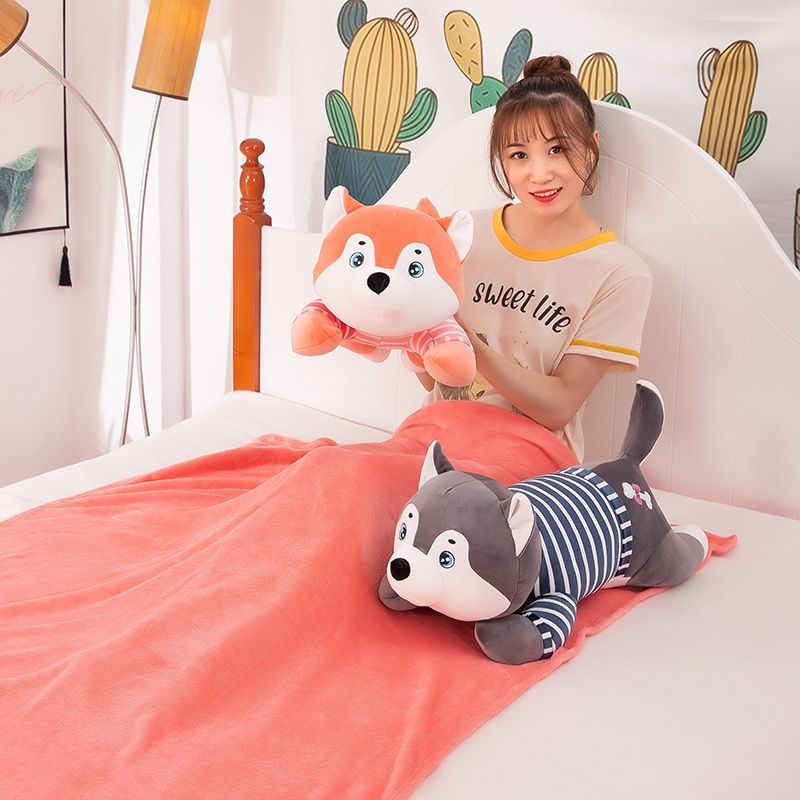 Gối Mền Husky Mặc Áo Sọc Hồng Xám Bông Tuyết Mịn