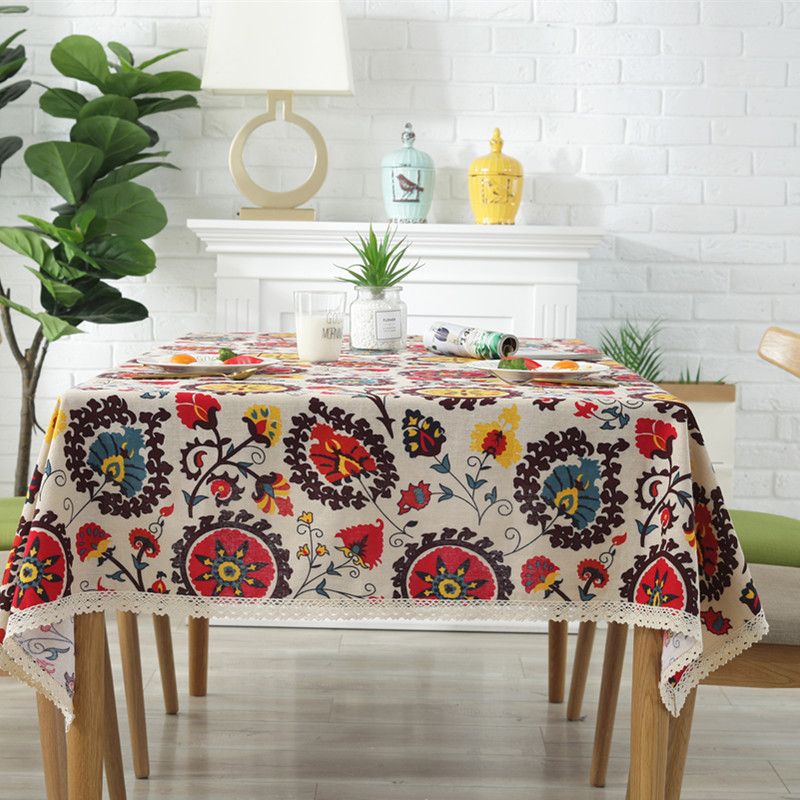 Khăn Trải Bàn Canvas Boho Hoa Hướng Dương Viền Ren