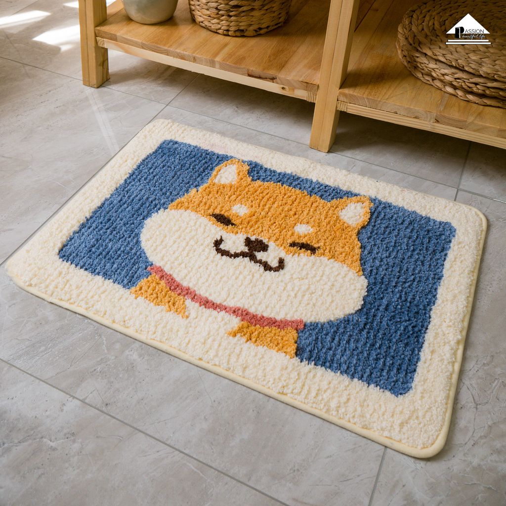 Thảm Lau Chân Cotton Len Dệt Vải Nổi Chú Chó Shiba PA9164