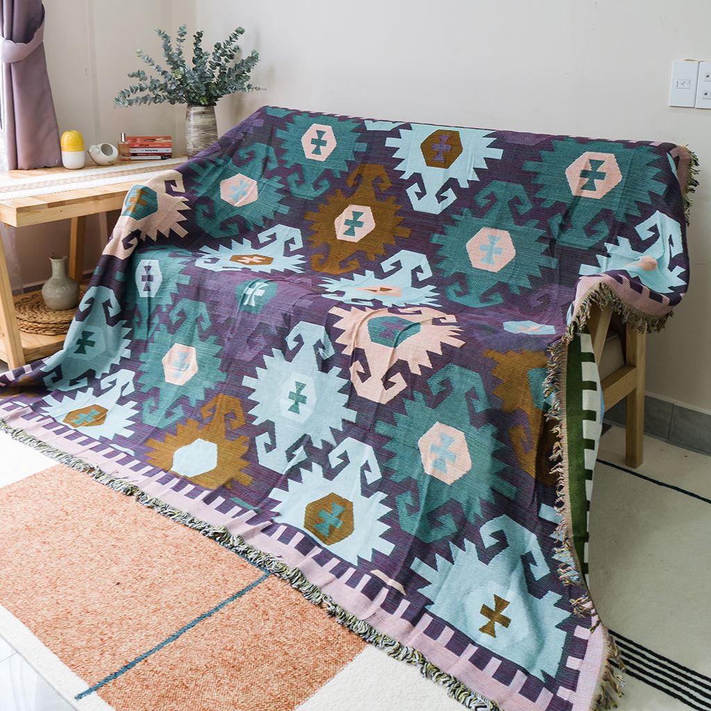 Chăn Thảm Phủ Sofa Trang Trí Giường Ngủ Hình Học Hoa Vàng Nâu