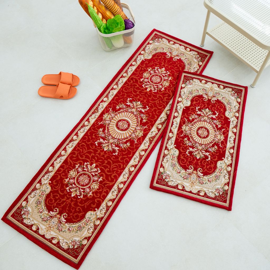 Thảm Bếp Set 2 Thảm Nhung Dệt Sợi Jacquard Dày Thấm Nước Thấm Dầu Hoa Văn Cổ Điển