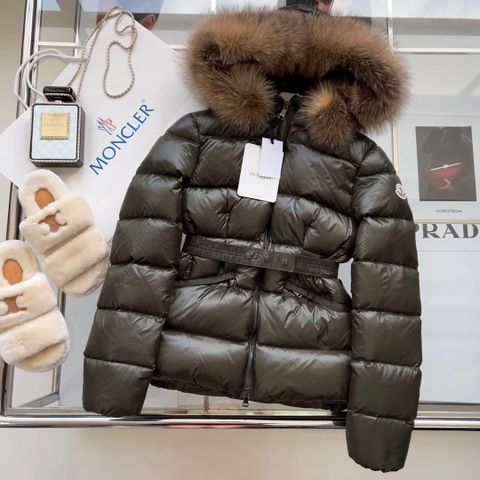 Áo phao lông vũ moncler* cho nữ mũ viền lông đai eo đẹp VIP 1:1