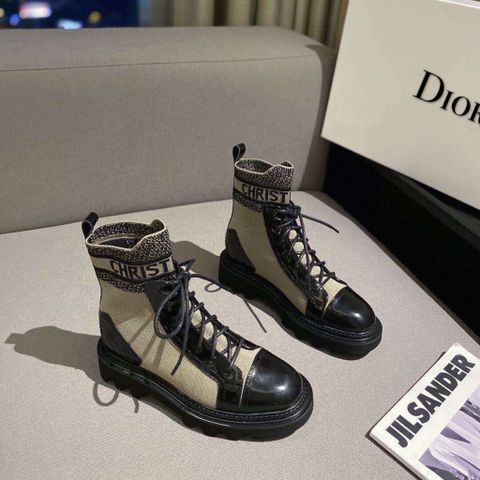 Giày nữ Dior* cao cổ da bóng pha chun buộc dây kiểu đẹp 2 màu cao cấp