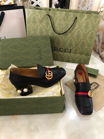 Giày cao gót GUCCI* cao 7cm gót to nạm ngọc da bò mềm khoá logo vàng đẹp sang SIÊU CẤP