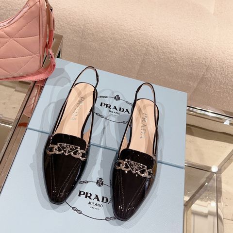 Giày nữ PRADA* da bóng cao 5,5cm xích bạc đẹp sang kiểu dễ đi VIP 1:1