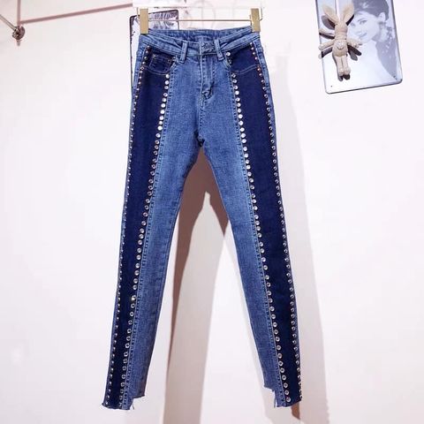 Quần jeans nữ mix 2 màu đính hạt