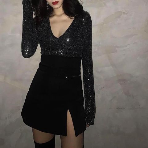 Áo sequin óng ánh bạc dáng body suit