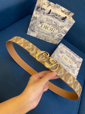 Belt DIOR* nam nữ dây bản 3,5cm hoạ tiết kim cương mặt chữ logo lót da bò