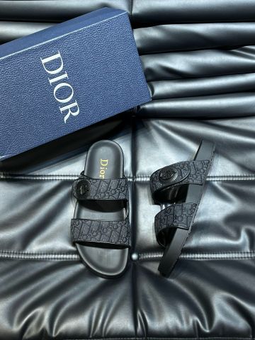 Dép nam DIOR* quai hoạ tiết oblique canvas lót da bò cao cấp