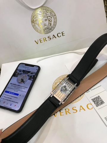 Belt nam VERSACE mặt bạc nạm đá đẹp sang dây da mềm sụn cao cấp