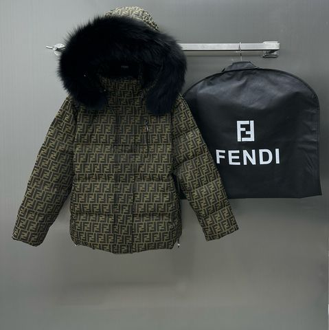 Áo phao nữ FENDI* hoạ tiết logo mũ viền lông đen đẹp VIP 1:1