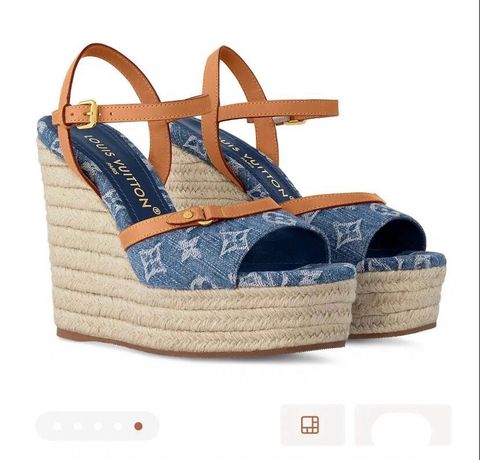 Sandal nữ đế xuồng cói L*V quai hoạ tiết Monogram denim cao 13,5cm và 6,5cm