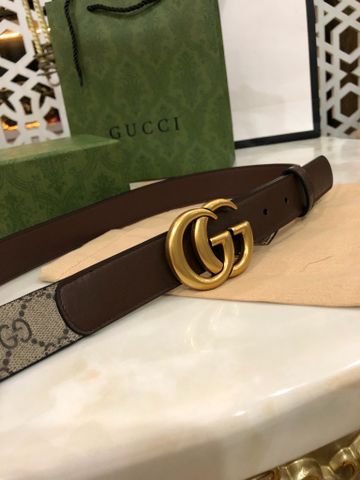 Belt nữ GUCCI* dây hoạ tiết logo lót da bê nâu mặt vàng đồng cao cấp