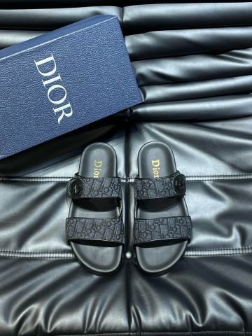 Dép nam DIOR* quai hoạ tiết oblique canvas lót da bò cao cấp