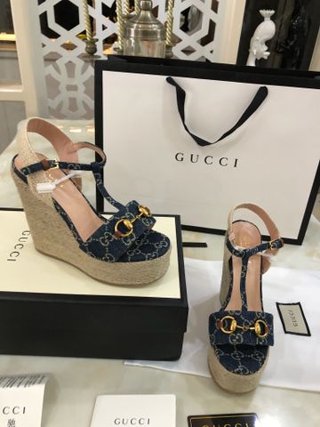 Sandal nữ đế xuồng cói GUCCI* cao 13cm chất vải hoạ tiết logo lót da bò hàng cao cấp