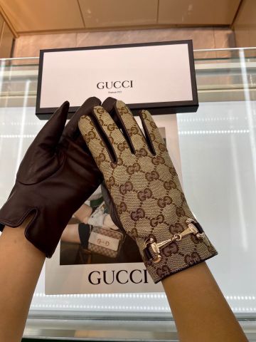 Găng tay nữ GUCCI* da nâu phối hoạ tiết logo đẹp sang VIP 1:1