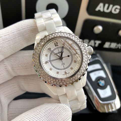 Đồng hồ nữ CHANEL* dây sứ mặt viền đá case 33mm đẹp SIÊU CẤP