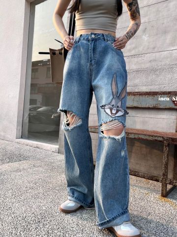 Quần jeans nữ ống xuông rách -