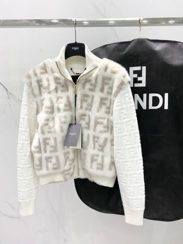 Áo khoác lông thú FENDI* phối len hoạ tiết logo đẹp VIP 1:1