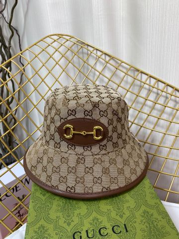 Mũ mữ GUCCI* hoạ tiết logo viền da nâu khoá logo vàng đẹp cao cấp