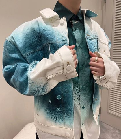Bộ quần áo jeans nam LV* trắng hoạ tiết Monoogram xanh loang đẹp độc SIÊU CẤP