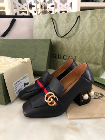 Giày cao gót GUCCI* cao 7cm gót to nạm ngọc da bò mềm khoá logo vàng đẹp sang SIÊU CẤP