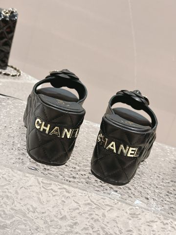 Dép nữ đế xuồng CHA*NEL* cao 7cm da bò lỳ hoa trà đẹp sang thanh lịch VIP 1:1