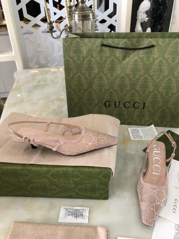 Giày GUCCI* nữ gót thấp 3,5cm lưới đính đá hình logo đẹp sang SIÊU CẤP