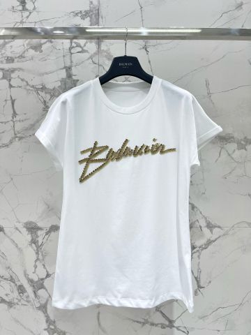 Áo phông nữ BALMAIN* màu trắng logo chữ đính đá đẹp VIP 1:1