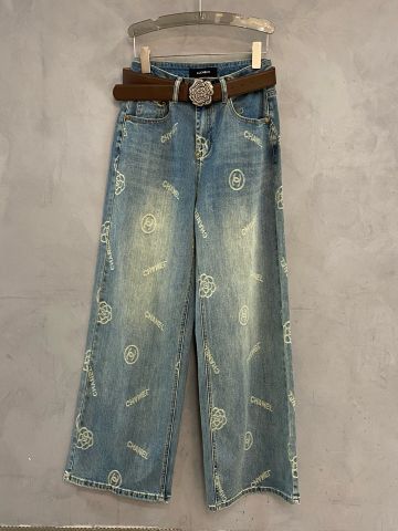 Quần jeans nữ ống suông CHA*NEL* hoạ tiết logo kèm belt mặt hoa trà đẹp độc VIP 1:1