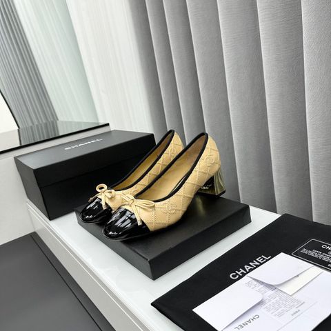 Giày cao gót chanel* da bò trần vân logo trám gót tráng vàng cao 6cm đẹp sang VIP 1:1