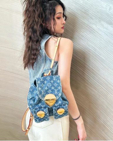 Ba lô LV* hoạ tiết Monogram xanh denim khoá vàng đẹp trẻ trung VIP 1:1