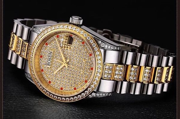 Đồng hồ ROSDN hàng chính hãng cho nam nữ máy cơ nạm kim cương nhận tạo sáng  loáng